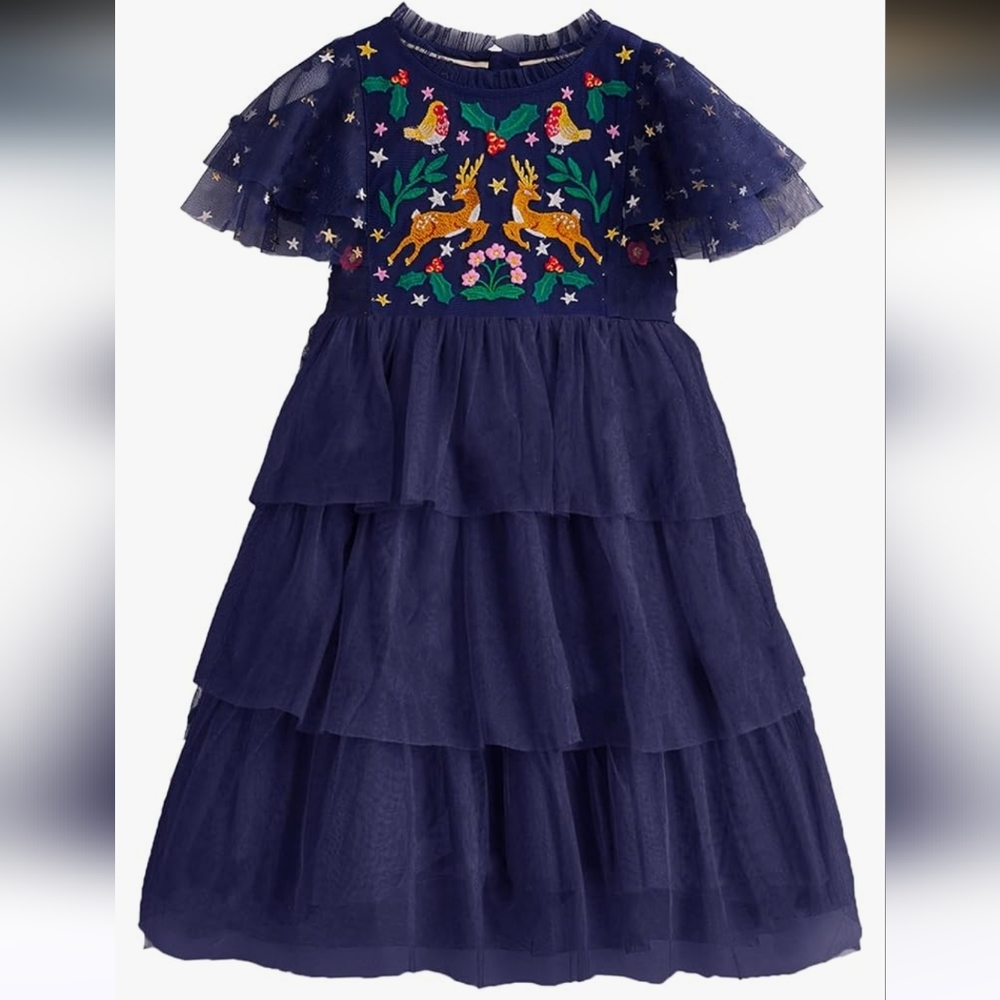 Mini Taylor Girls Navy Tiered Tulle Dress with Colorful Embroidery. Size 2-3Y